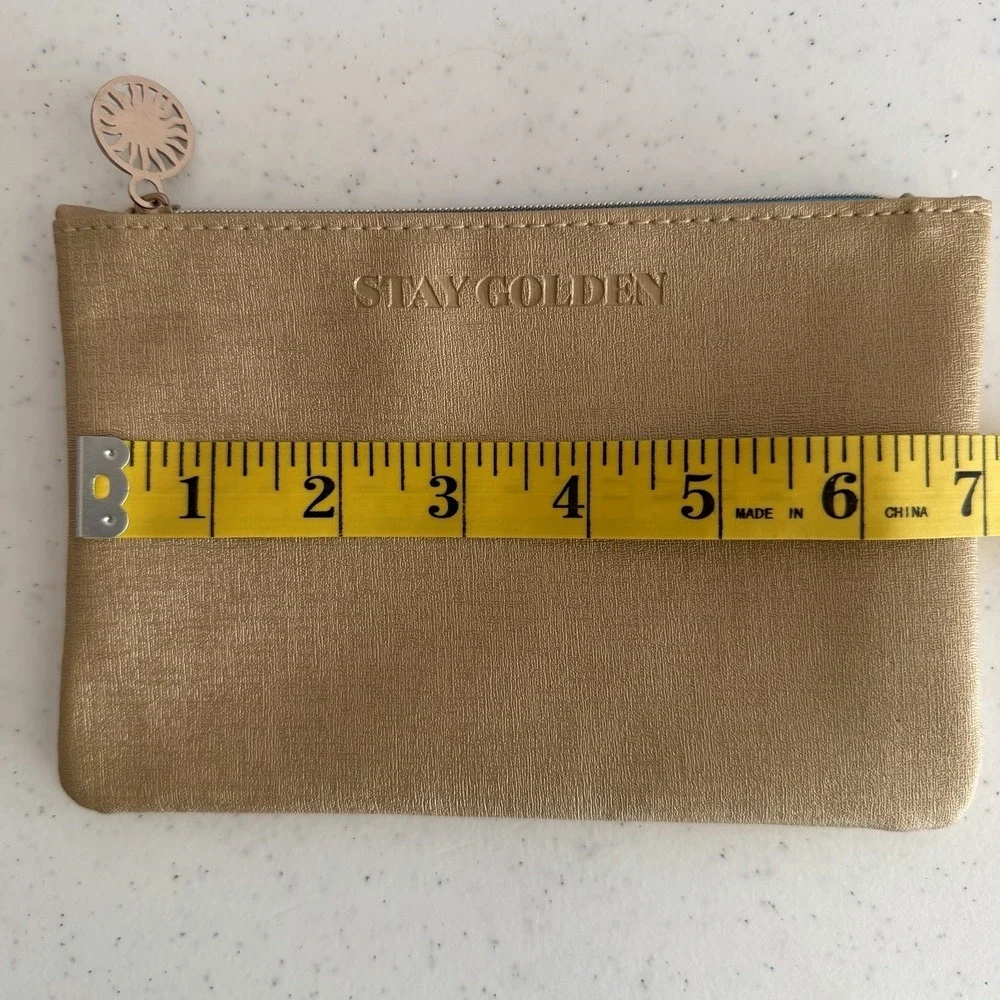 Ipsy Stay Golden Metallic Gold Makeup Bag Turquoise Lining Sun Zipper Pull Pouch